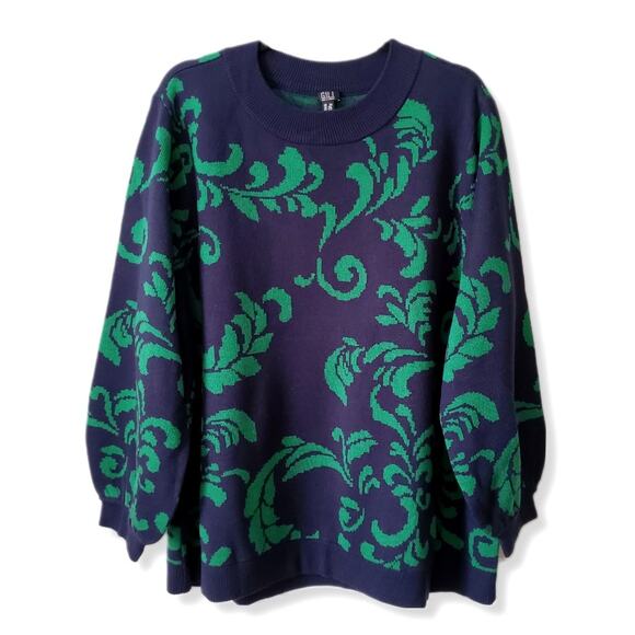 GILI Women Floral Sweater Jumper 2X Navy Blue Green Preppy Twee Classic NEW - Picture 11 of 11